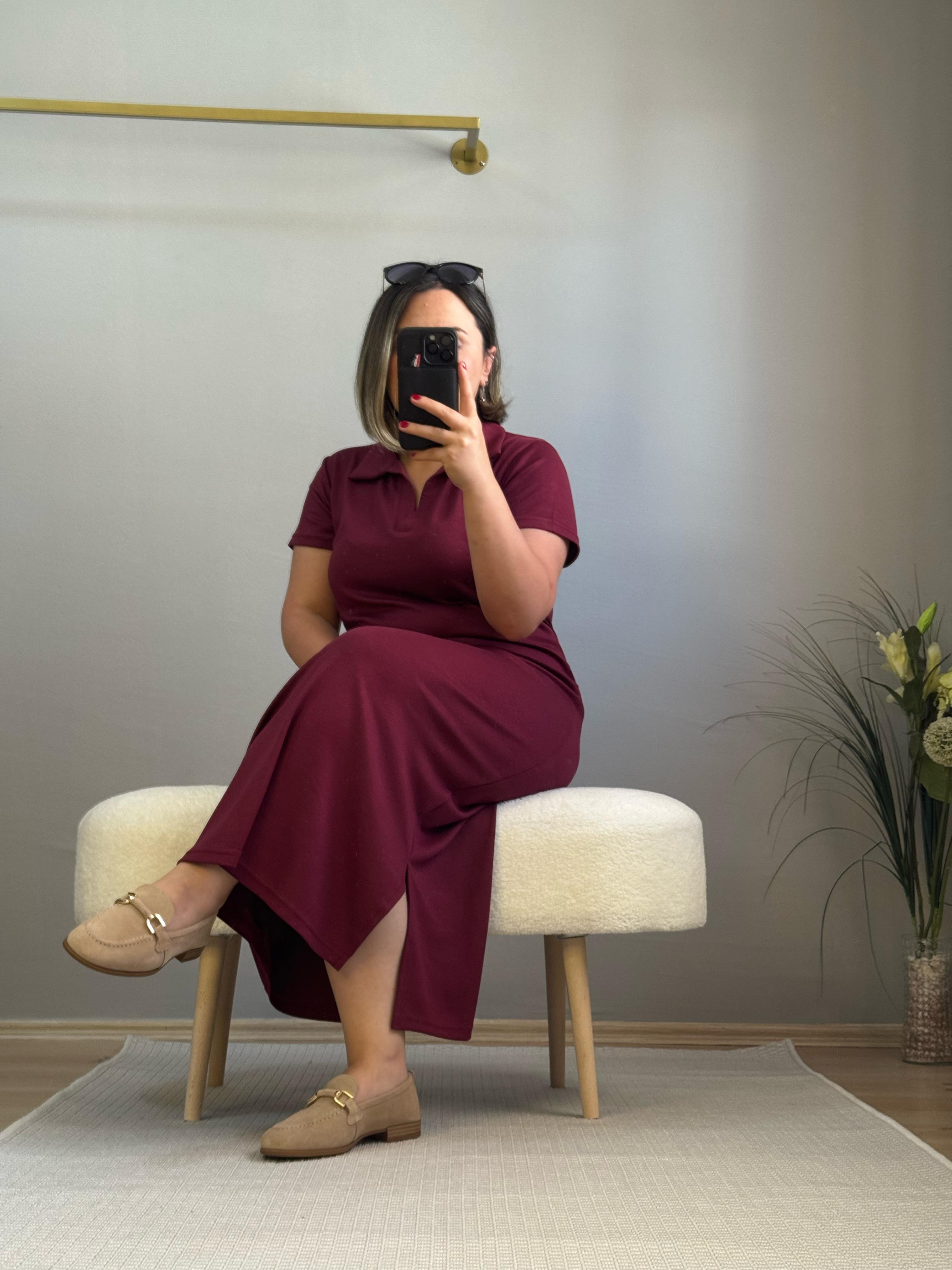Polo yaka elbise bordo