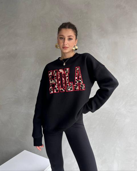 Hola şardonlu sweatshirt siyah